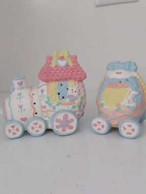 Pastel Bunny Carriage Decorative Figurines - Pink, Blue & Yellow